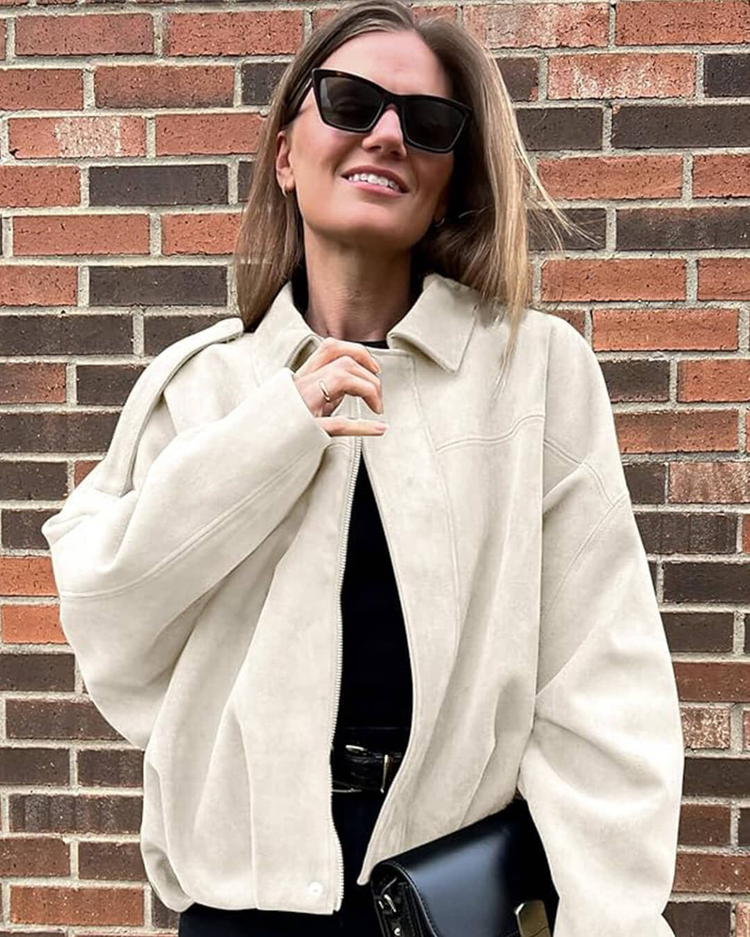 Faux Suede Bomber Jacket – Oversized Cropped Collared Outerwear