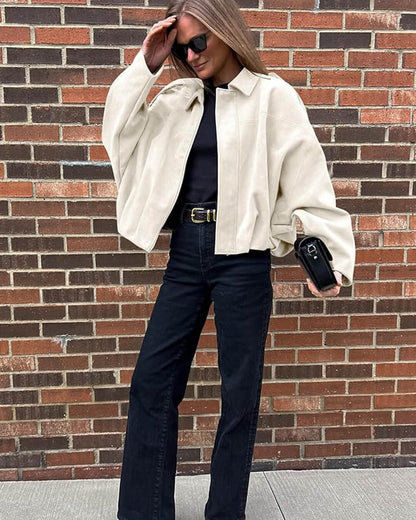 Faux Suede Bomber Jacket – Oversized Cropped Collared Outerwear