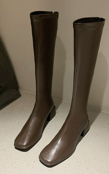 Faux Leather Knee High Boots – Square Toe Block Heel Tall Boots