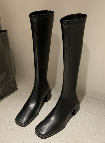 Faux Leather Knee High Boots – Square Toe Block Heel Tall Boots
