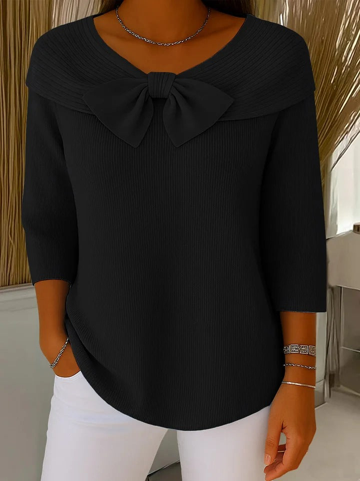 Bow Front Ribbed Knit Top – Women's 3/4 Sleeve Round Neck Pullover