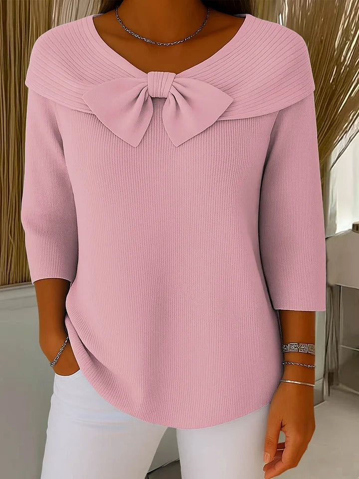 Bow Front Ribbed Knit Top – Women's 3/4 Sleeve Round Neck Pullover