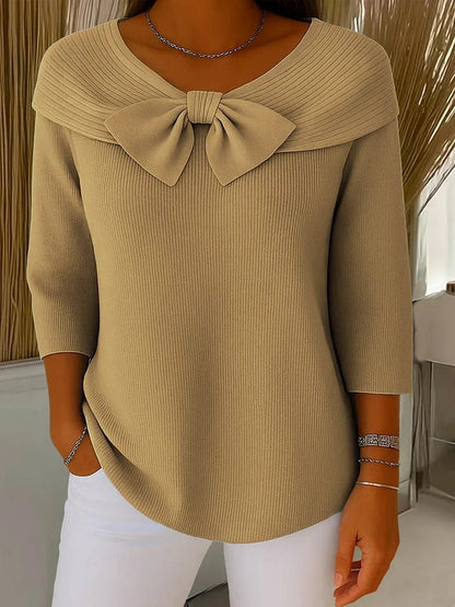 Bow Front Ribbed Knit Top – Women's 3/4 Sleeve Round Neck Pullover
