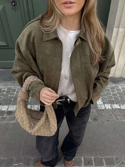 Faux Suede Bomber Jacket – Oversized Cropped Collared Outerwear
