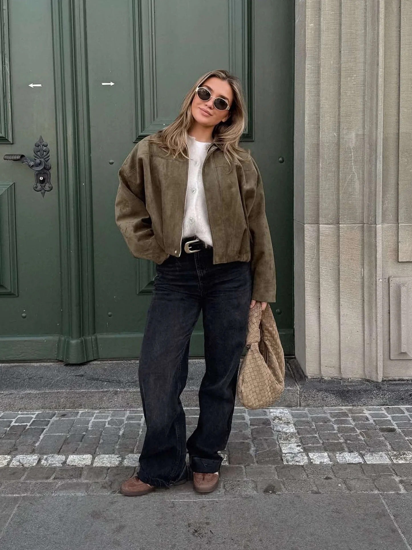 Faux Suede Bomber Jacket – Oversized Cropped Collared Outerwear