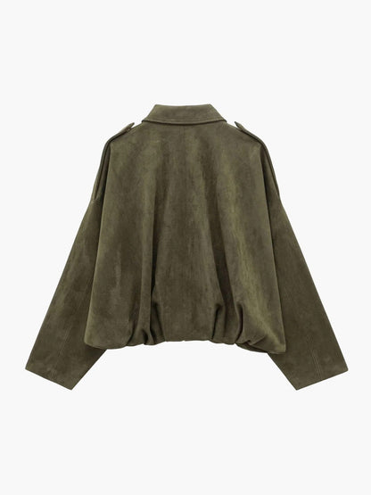 Faux Suede Bomber Jacket – Oversized Cropped Collared Outerwear