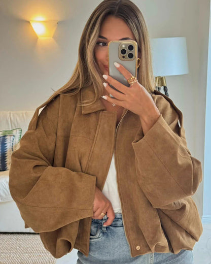 Faux Suede Bomber Jacket – Oversized Cropped Collared Outerwear