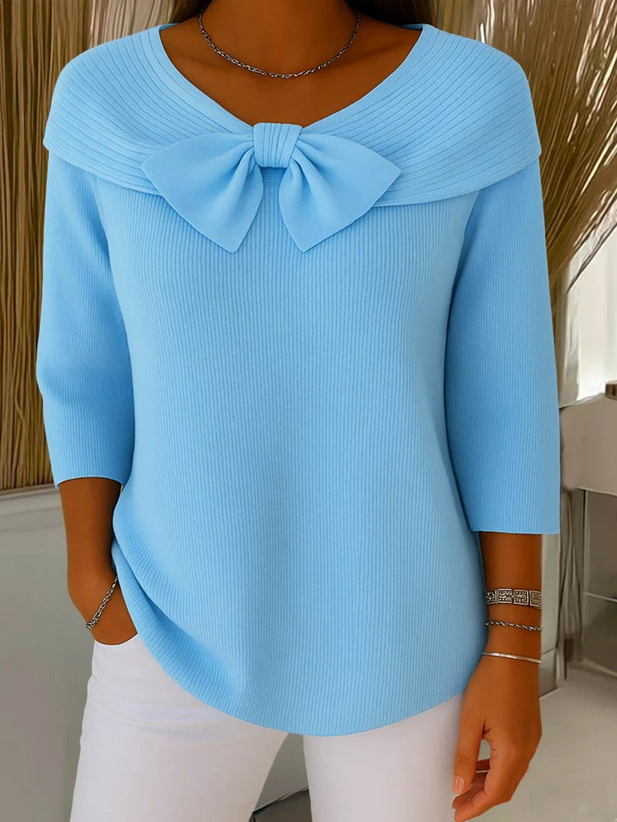 Bow Front Ribbed Knit Top – Women's 3/4 Sleeve Round Neck Pullover