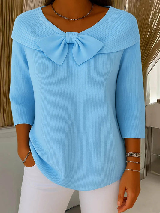 Bow Front Ribbed Knit Top – Women's 3/4 Sleeve Round Neck Pullover