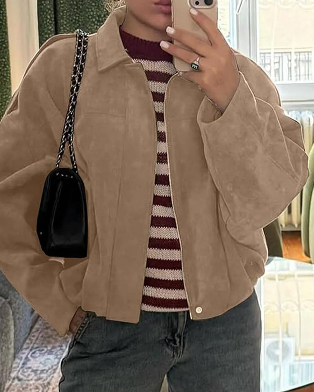 Faux Suede Bomber Jacket – Oversized Cropped Collared Outerwear