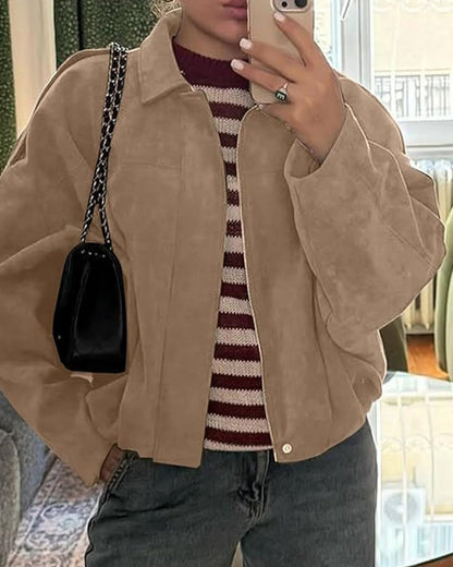 Faux Suede Bomber Jacket – Oversized Cropped Collared Outerwear