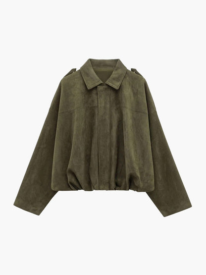 Faux Suede Bomber Jacket – Oversized Cropped Collared Outerwear