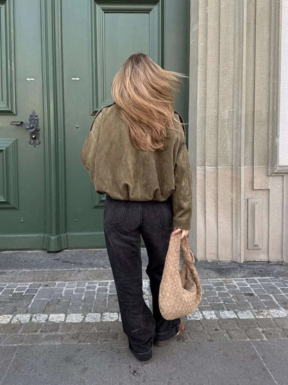 Faux Suede Bomber Jacket – Oversized Cropped Collared Outerwear