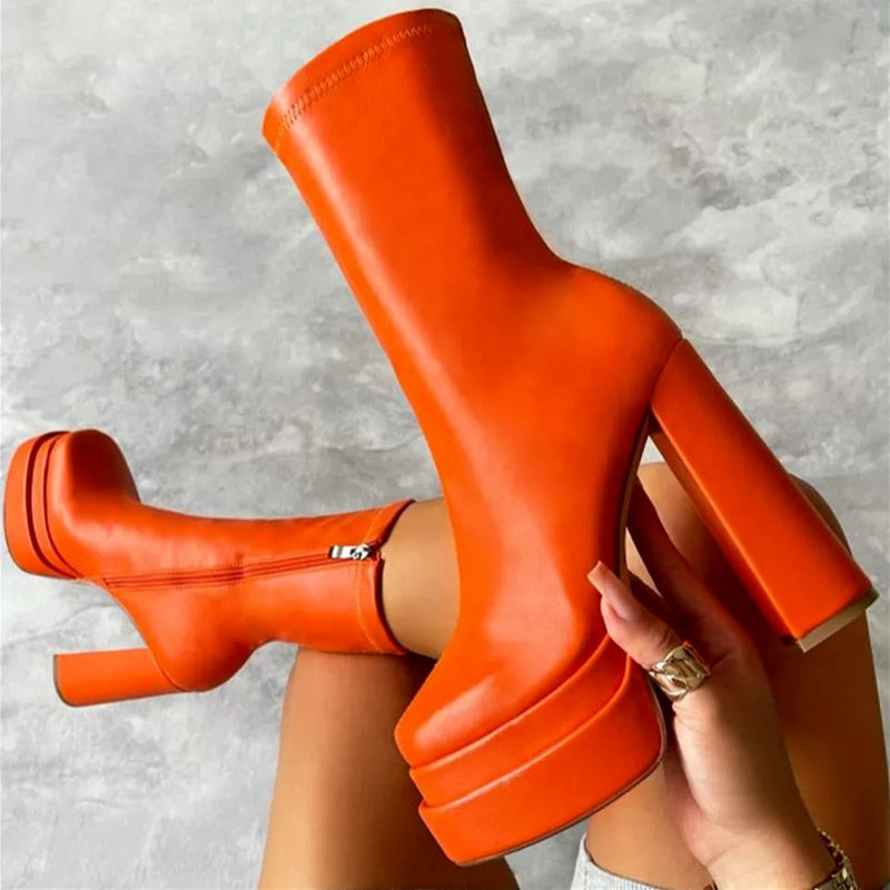 Platform Block Heel Sock Boots – Faux Leather Side Zip Mid-Calf