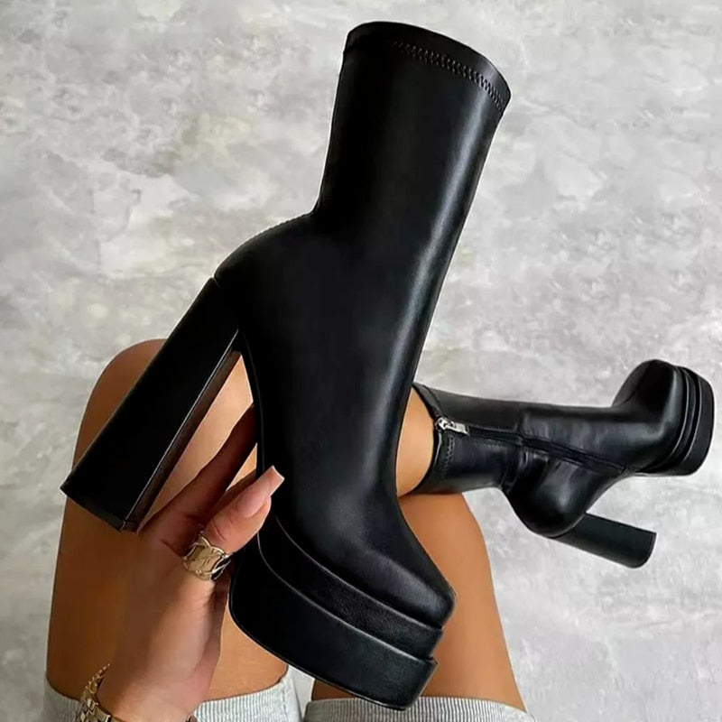 Platform Block Heel Sock Boots – Faux Leather Side Zip Mid-Calf