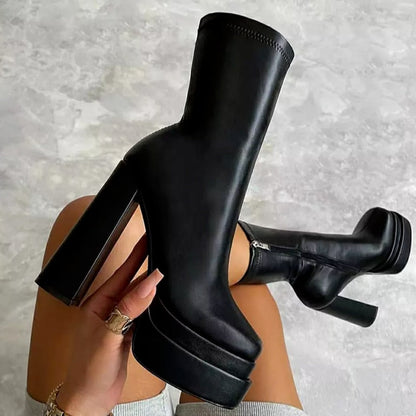 Platform Block Heel Sock Boots – Faux Leather Side Zip Mid-Calf