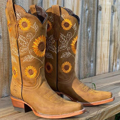 Sunflower Embroidered Cowboy Boots – Women's Western Mid-Calf Block Heel