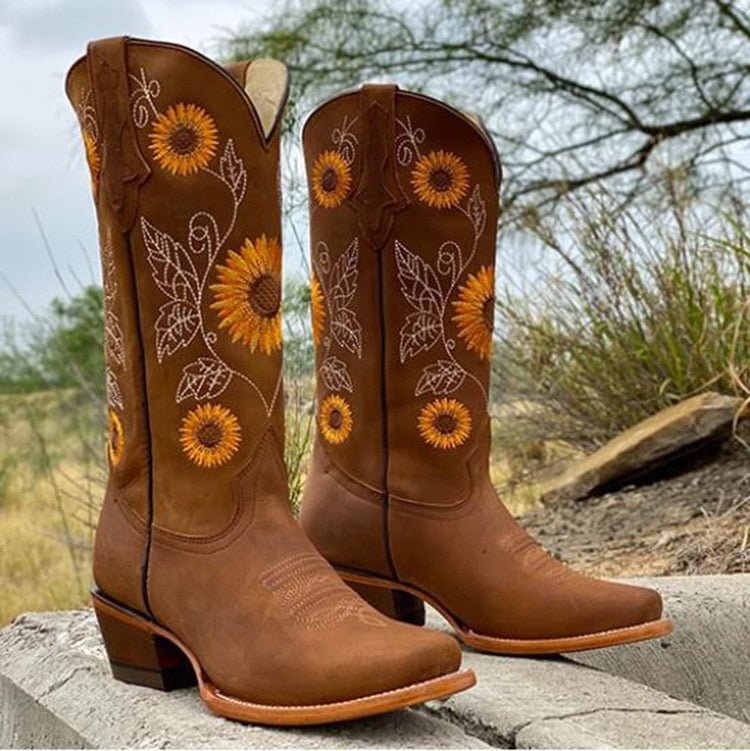 Sunflower Embroidered Cowboy Boots – Women's Western Mid-Calf Block Heel