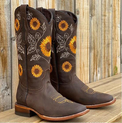Sunflower Embroidered Cowboy Boots – Women's Western Mid-Calf Block Heel