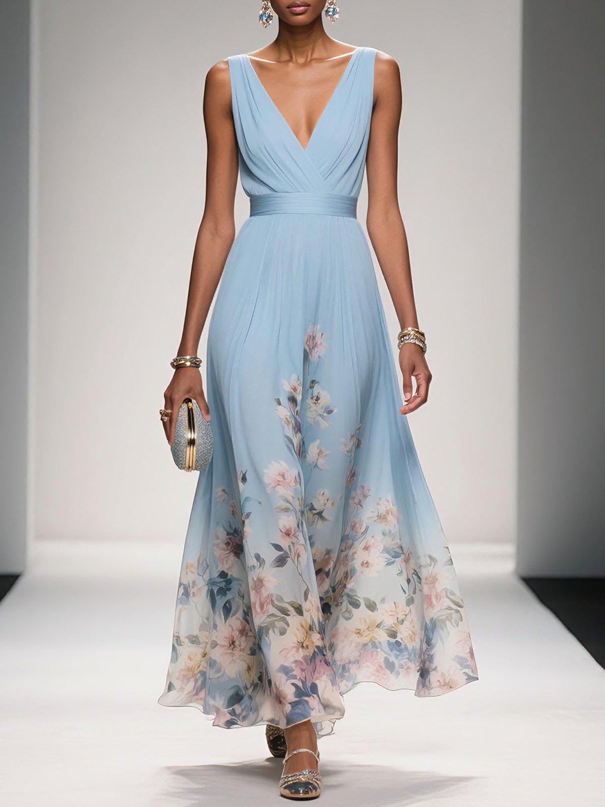 Women's Floral Chiffon Maxi Dress – Sleeveless Deep V-Neck Flowy Summer Dress