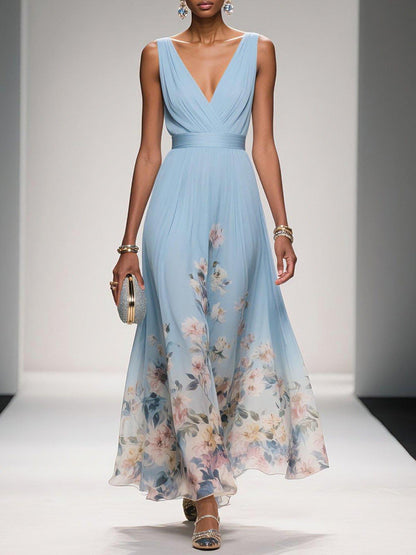 Women's Floral Chiffon Maxi Dress – Sleeveless Deep V-Neck Flowy Summer Dress