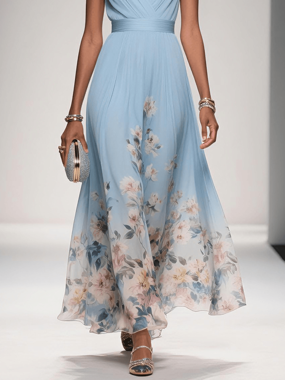 Women's Floral Chiffon Maxi Dress – Sleeveless Deep V-Neck Flowy Summer Dress