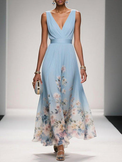 Women's Floral Chiffon Maxi Dress – Sleeveless Deep V-Neck Flowy Summer Dress