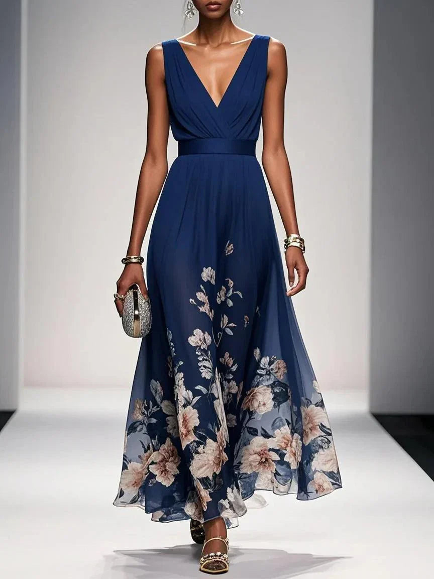 Women's Floral Chiffon Maxi Dress – Sleeveless Deep V-Neck Flowy Summer Dress