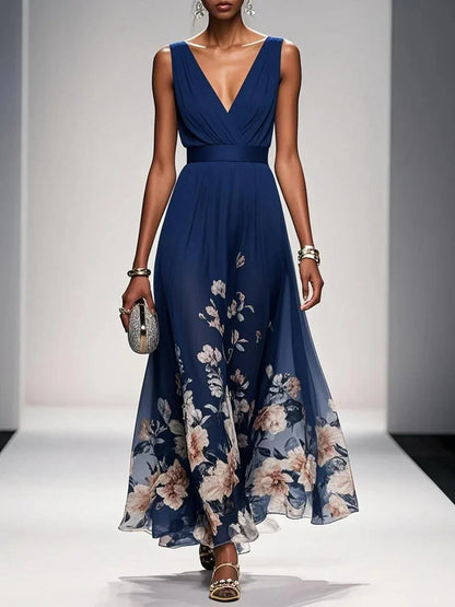 Women's Floral Chiffon Maxi Dress – Sleeveless Deep V-Neck Flowy Summer Dress