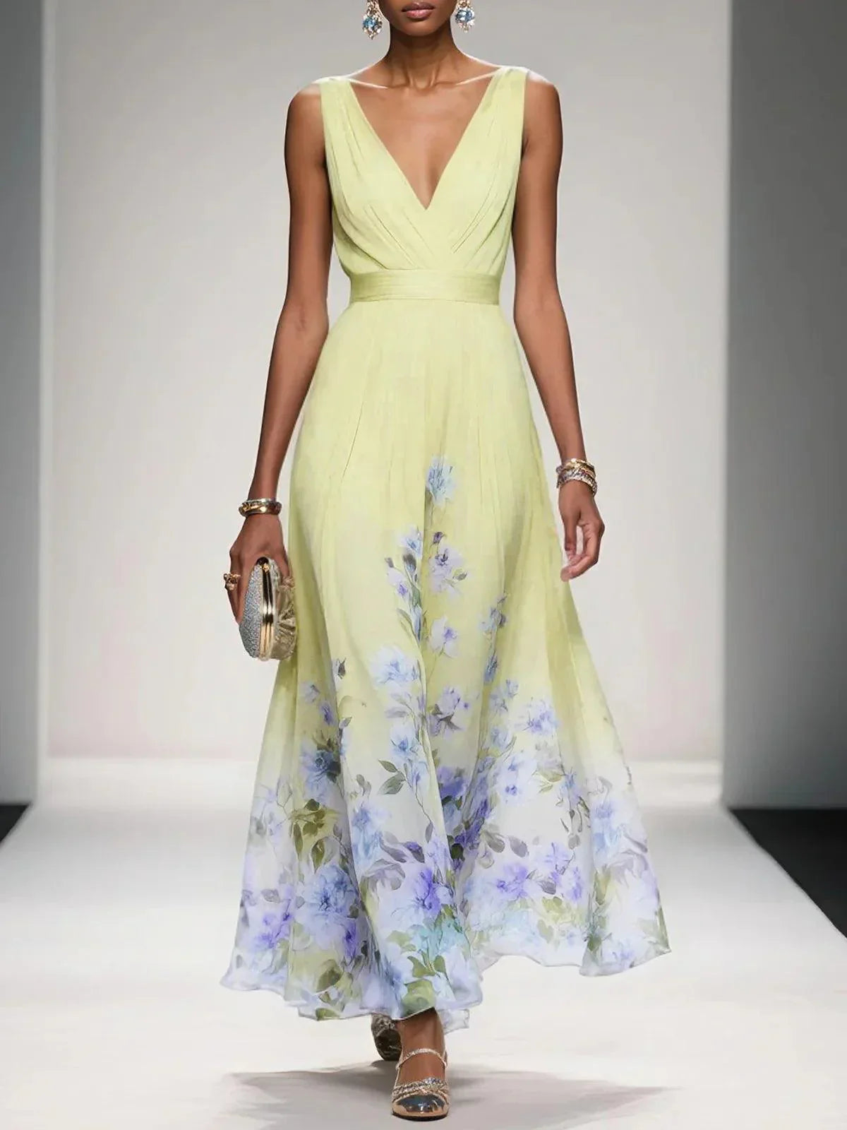 Women's Floral Chiffon Maxi Dress – Sleeveless Deep V-Neck Flowy Summer Dress