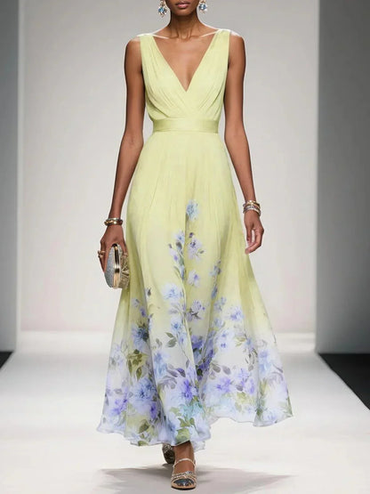 Women's Floral Chiffon Maxi Dress – Sleeveless Deep V-Neck Flowy Summer Dress