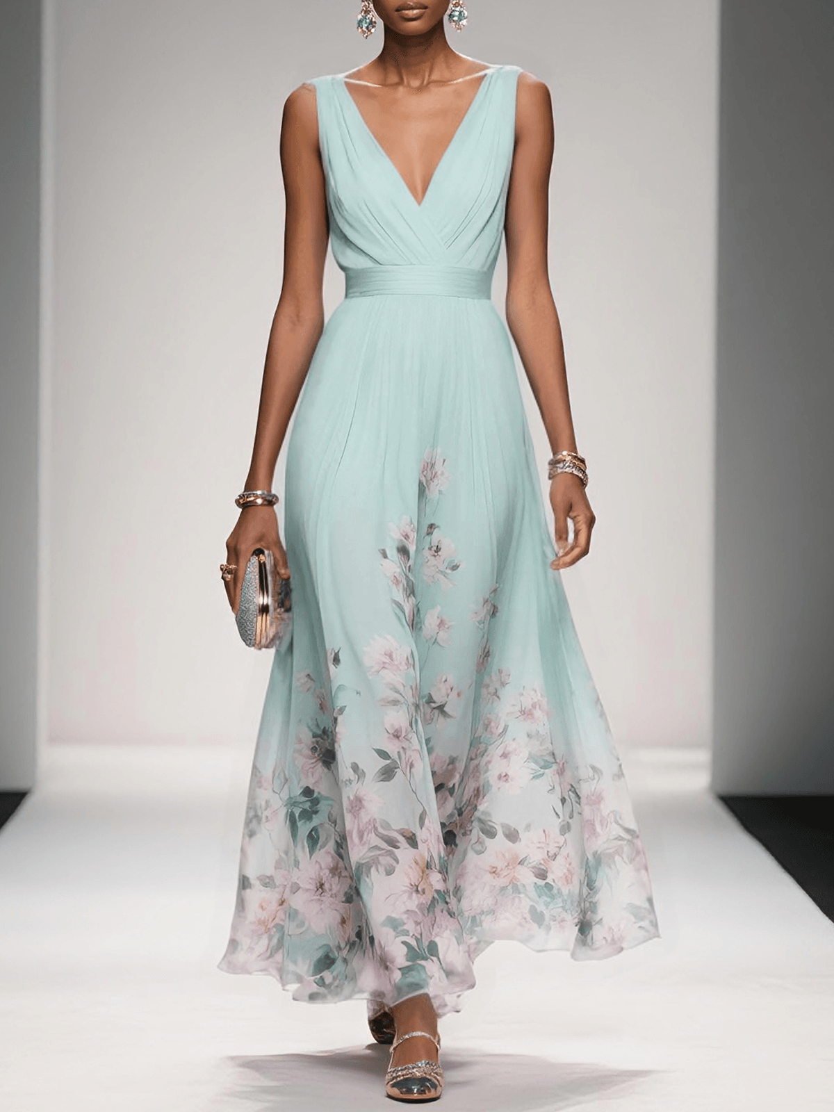 Women's Floral Chiffon Maxi Dress – Sleeveless Deep V-Neck Flowy Summer Dress