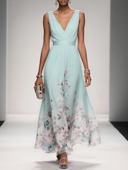 Women's Floral Chiffon Maxi Dress – Sleeveless Deep V-Neck Flowy Summer Dress