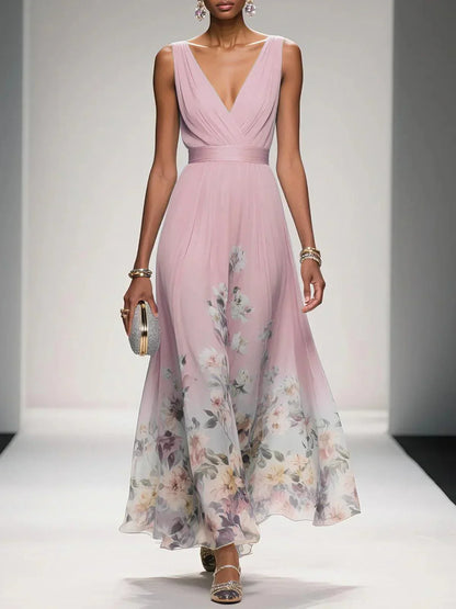 Women's Floral Chiffon Maxi Dress – Sleeveless Deep V-Neck Flowy Summer Dress
