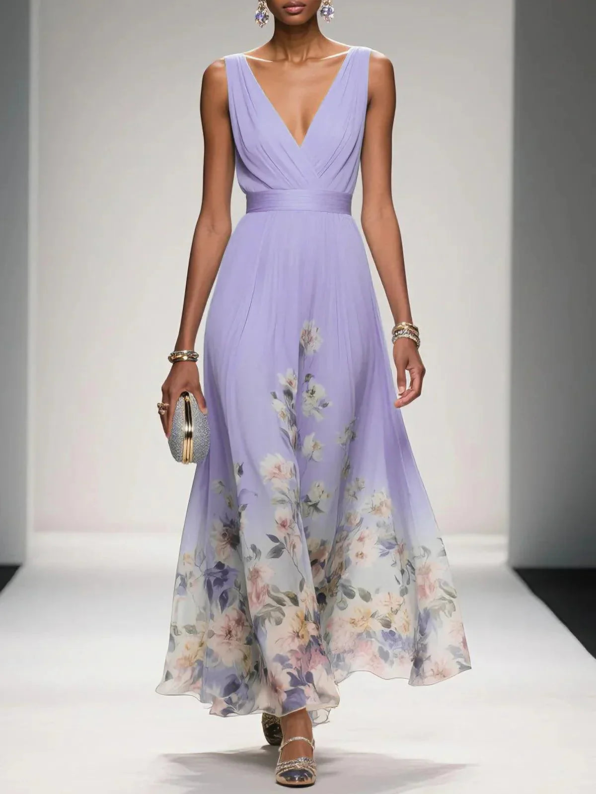 Women's Floral Chiffon Maxi Dress – Sleeveless Deep V-Neck Flowy Summer Dress