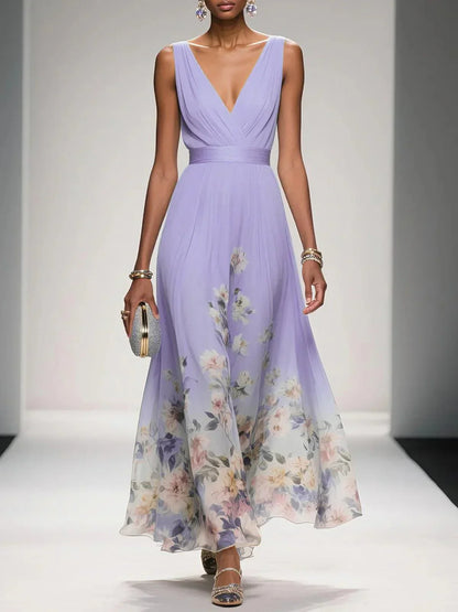 Women's Floral Chiffon Maxi Dress – Sleeveless Deep V-Neck Flowy Summer Dress