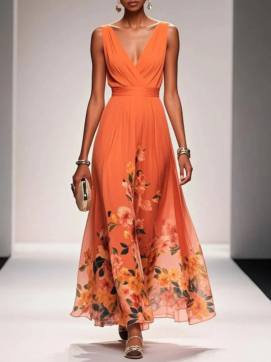 Women's Floral Chiffon Maxi Dress – Sleeveless Deep V-Neck Flowy Summer Dress