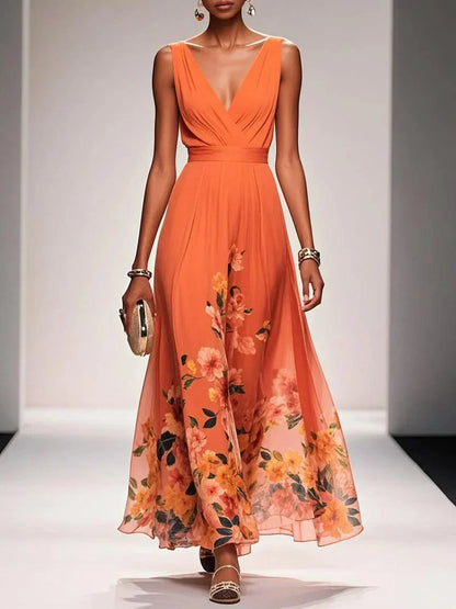 Women's Floral Chiffon Maxi Dress – Sleeveless Deep V-Neck Flowy Summer Dress