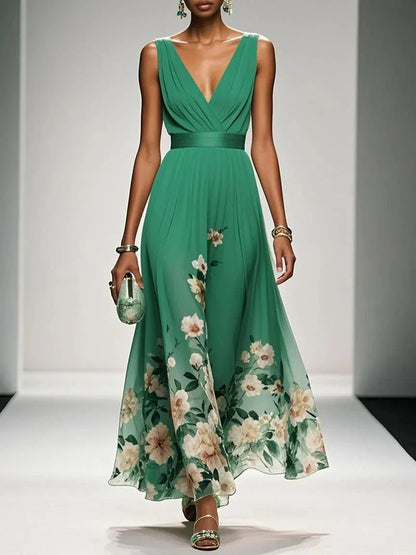 Women's Floral Chiffon Maxi Dress – Sleeveless Deep V-Neck Flowy Summer Dress