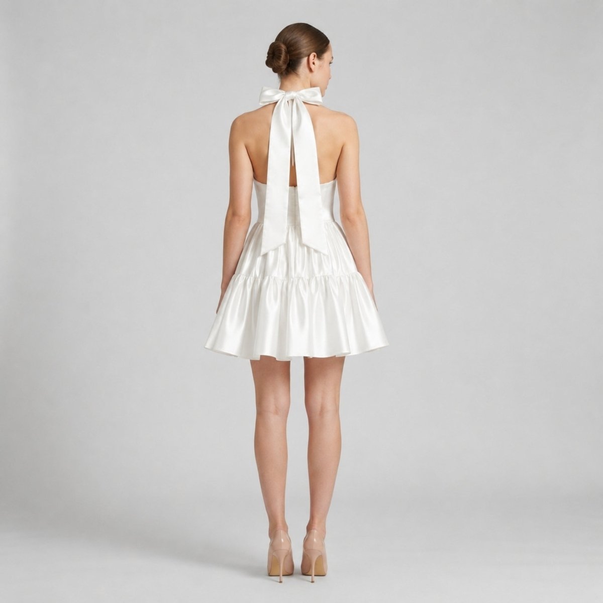 Satin Halter Mini Dress – Tiered Skirt Bow Back A-Line