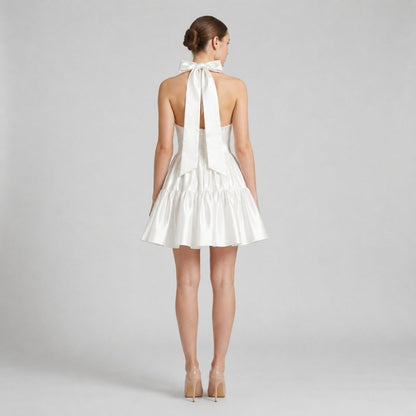 Satin Halter Mini Dress – Tiered Skirt Bow Back A-Line