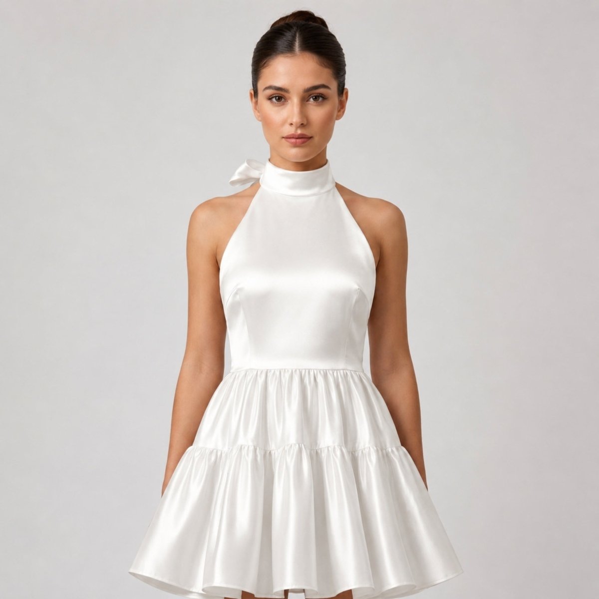 Satin Halter Mini Dress – Tiered Skirt Bow Back A-Line