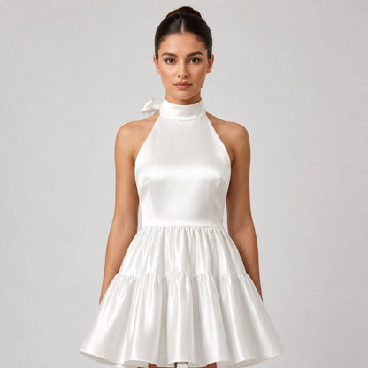 Satin Halter Mini Dress – Tiered Skirt Bow Back A-Line