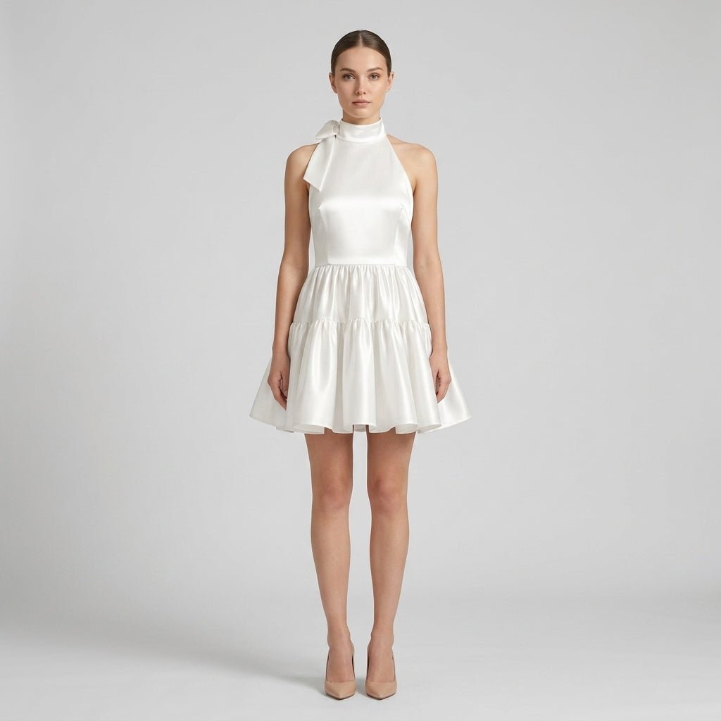 Satin Halter Mini Dress – Tiered Skirt Bow Back A-Line