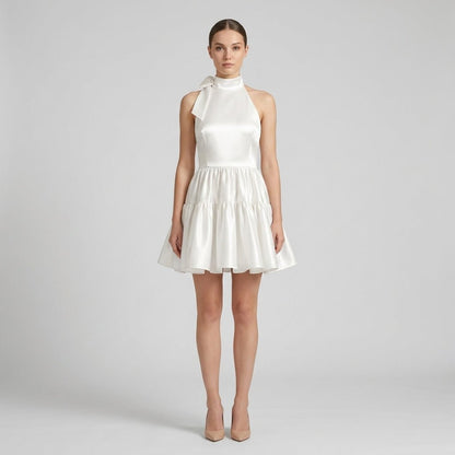 Satin Halter Mini Dress – Tiered Skirt Bow Back A-Line