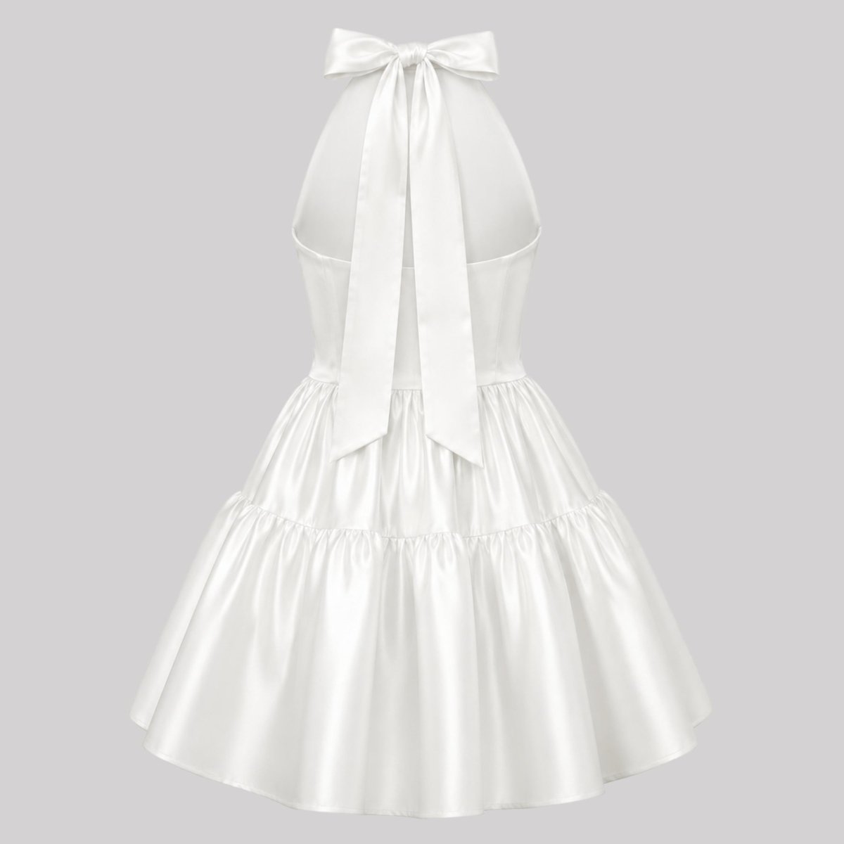 Satin Halter Mini Dress – Tiered Skirt Bow Back A-Line