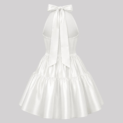 Satin Halter Mini Dress – Tiered Skirt Bow Back A-Line