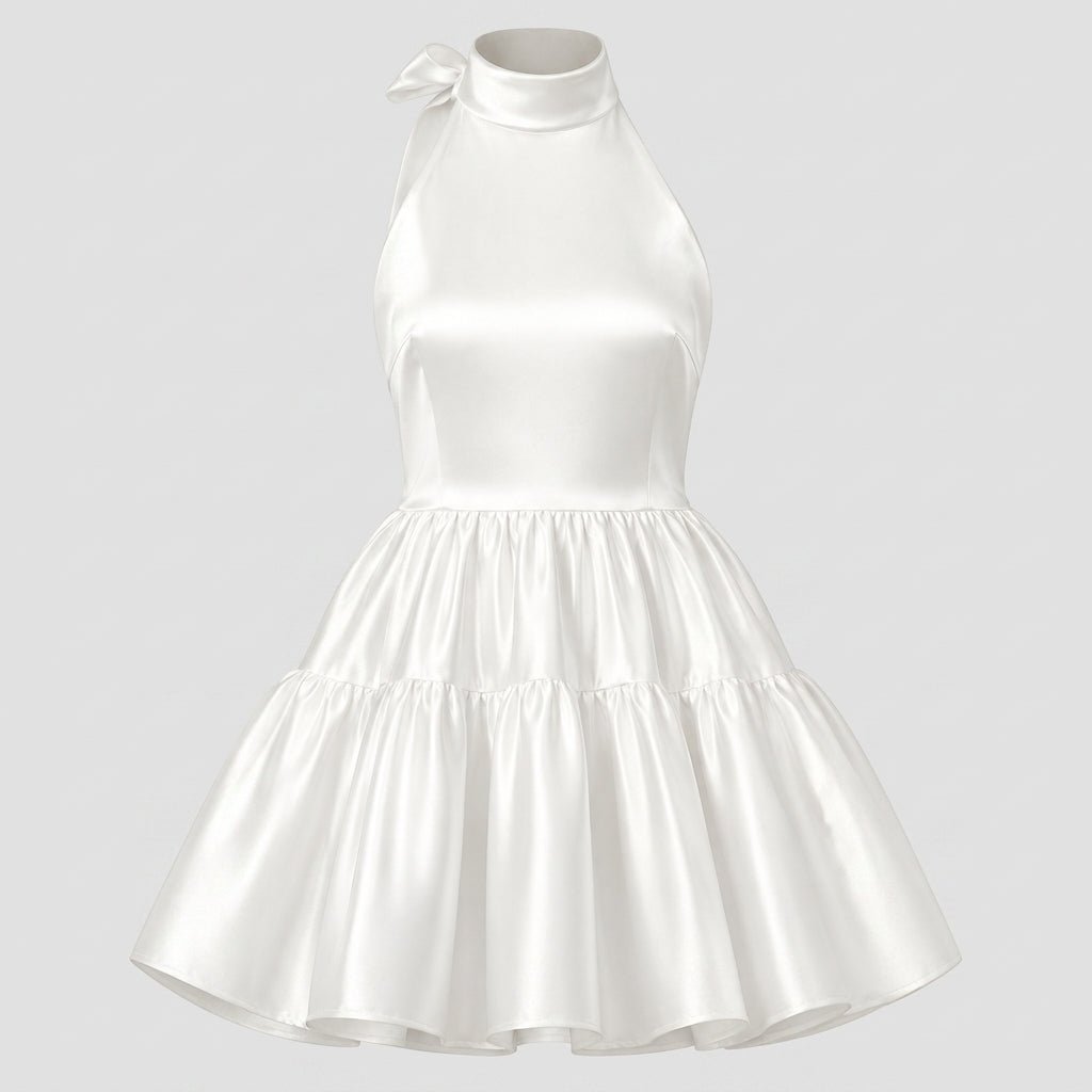 Satin Halter Mini Dress – Tiered Skirt Bow Back A-Line