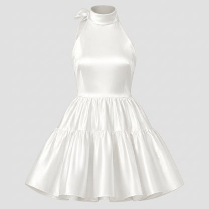 Satin Halter Mini Dress – Tiered Skirt Bow Back A-Line