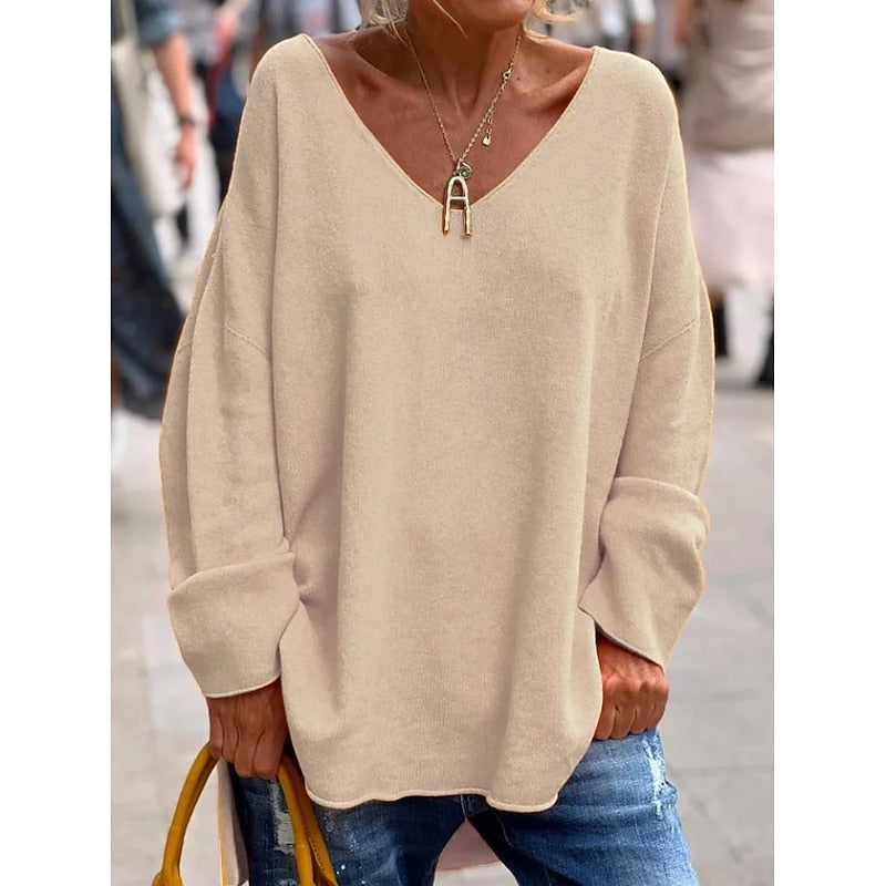 Oversized V-Neck Knit Pullover – Batwing Long Sleeve Side Slit Top